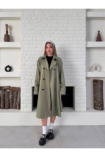 Bella Breeze Kadın Çift Düğmeli Şık ve Klasik Model Kemerli Uzun Trençkot
