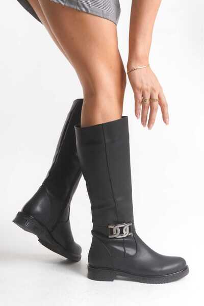 DYG STORE Black Silver Stylish Buckle Black Women's Boots 196806