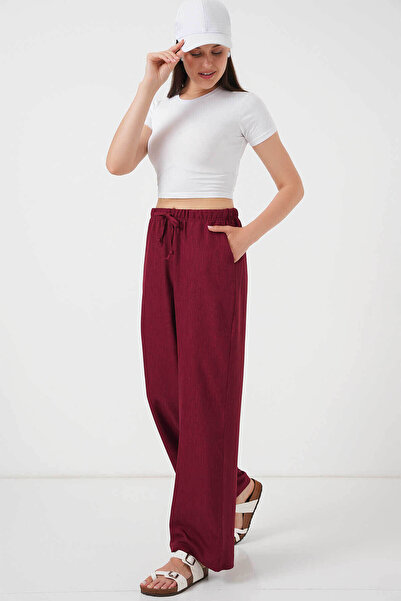 Bigdart Wide Leg Linen Burgundy Women's Trousers 6735