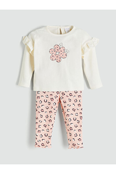 LC Waikiki Ecru Crew Neck Floral Patterned Baby Girl Blouse and Leggings 2-Piece Set