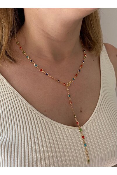 marsel aksesuar قلادة من الفولاذ الوردي على شكل حرف Y مرصعة بالأحجار الملونة