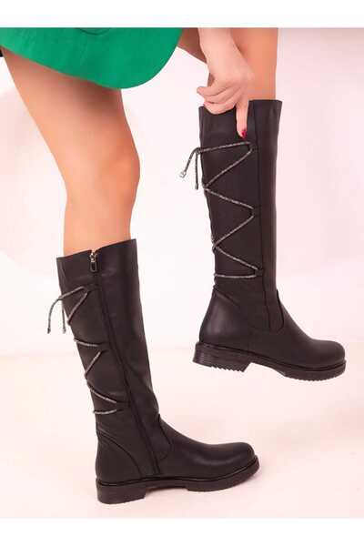 DYG STORE Black Boydan Stone-Embellished Lace-Up Zippered Women's Boots 107212