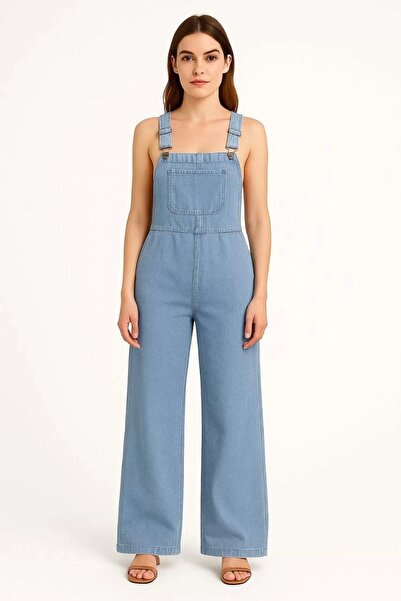 hibiscus Women's Chambray Light Blue Denim Look Wide Leg Salopet Jumpsuit - Blue