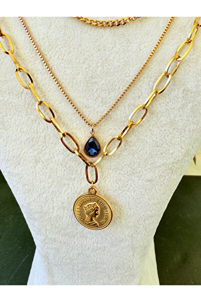 ATLASAKSESUARR Üç Zincir Mavi Taşlı Elizabeth Gold Altın Kaplama Kolye