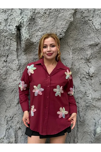 369 etnik butik Woven Women's Shirt with Floral Appliques