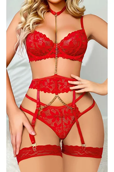 SiaLess Lingerie Red Nightgown Chain Detailed Lace Garter Romantic Nightgown Set
