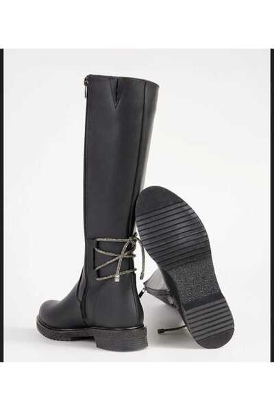 DYG STORE Black Stone Stylish Women's Boots with Lace-Up Back and Zipper 200211