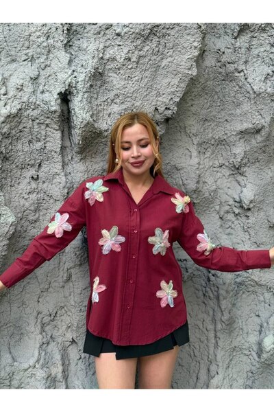 369 etnik butik Woven Women's Shirt with Floral Appliques