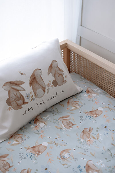 NOU Tavşanlı Çarşaflı Organik Montessori Nevresim Seti (100x200 - 50x70 -90x1...