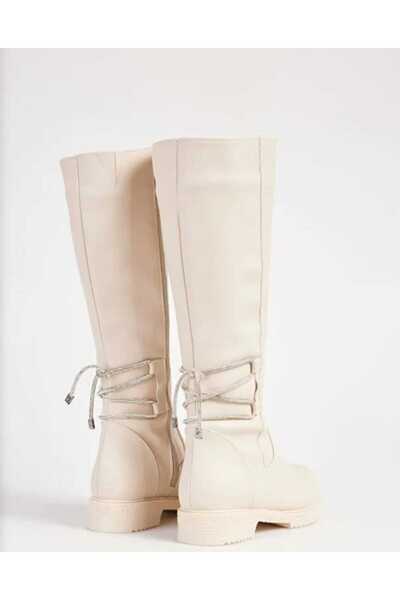 DYG STORE Bej Stone Stylish Women's Boots with Lace-Up Back and Zipper 200211