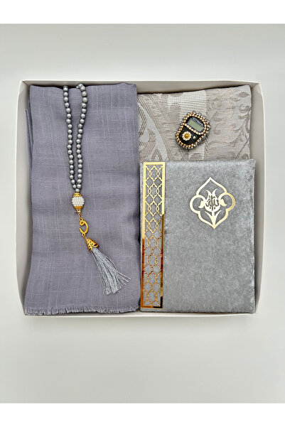 lenagiftworkshop Gray Dowry Gift Set 5 Pieces Bride Groom Bundle Set Prayer Rug Prayer Mat Prayer Beads Yasin Zikirmatik