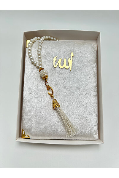 lenagiftworkshop White Dowry Bundle Velvet Yasin-I Şerif and Prayer Beads Set