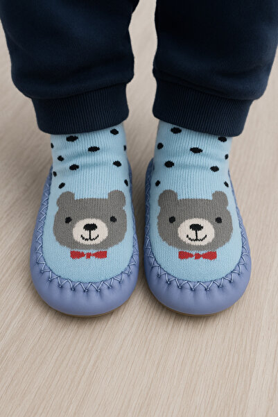 minissa baby kids Чорапи с подложка против хлъзгане, естествена кожа, сини-топли