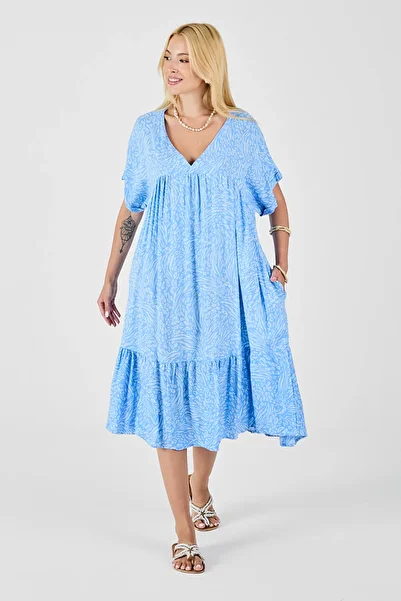 bacc Ice Blue V-Neck Oversize Cut Patterned Double Pocket Flounce Dress Bcvl-254028