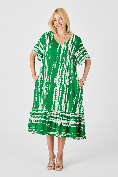 bacc Women's Green Tie-Dye Patterned V-Neck Skirt Flared Oversize Dress Bcvl-254023
