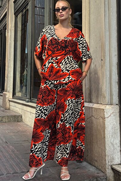 bacc Coral Patterned V-Neck Half Sleeve Blouse and Elastic Waist Palazzo Pants Set Bcvl-254001