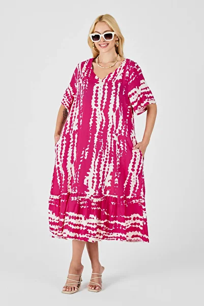 bacc Fuchsia Tie-Dye Patterned V-Neck Skirt Flounce Oversize Dress Bcvl-254023
