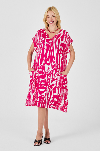 bacc Fuchsia Patterned V-Neck Batwing Sleeve Oversize Midi Dress Bcvl-254019