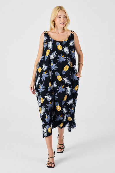 bacc Yellow Strap Beaded Detailed Double Pocket Patterned Loose Dress Bcvl-254027
