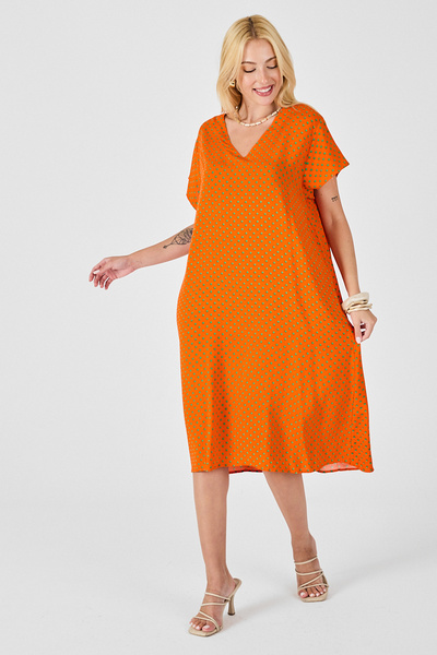 bacc Orange Deep V-Neck Short Sleeve Stripe Pattern Midi Length Dress Bcvl-254004