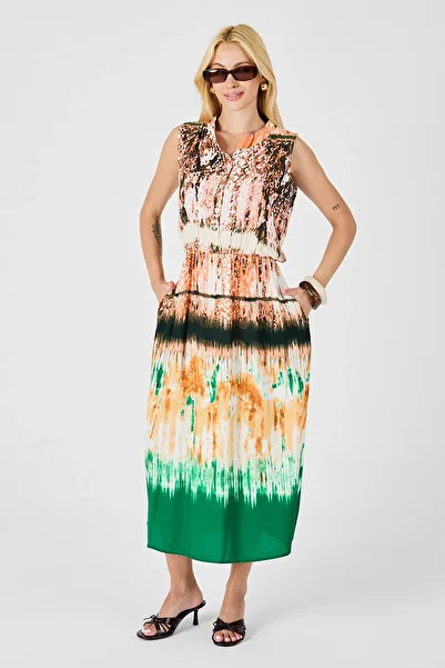 bacc Green-Cream Notched Neckline Buttoned Patterned Sleeveless Midi Dress Bcvl-254025