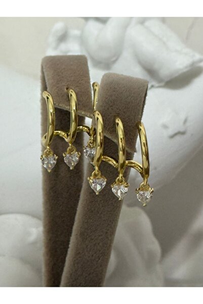 BUSİELLE JEWELRY Beyaz Kalp Taşlı Sallantılı Küpe