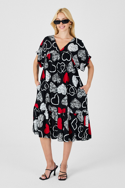 bacc Red-Black V-Neck Oversize Cut Patterned Double Pocket Flounce Dress Bcvl-254028
