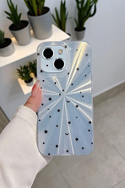 KVK PRİVACY Apple iPhone 13/14 Uyumlu – Mavi Yıldız Patlaması Desenli Parlak Şeffaf Silikon Kılıf
