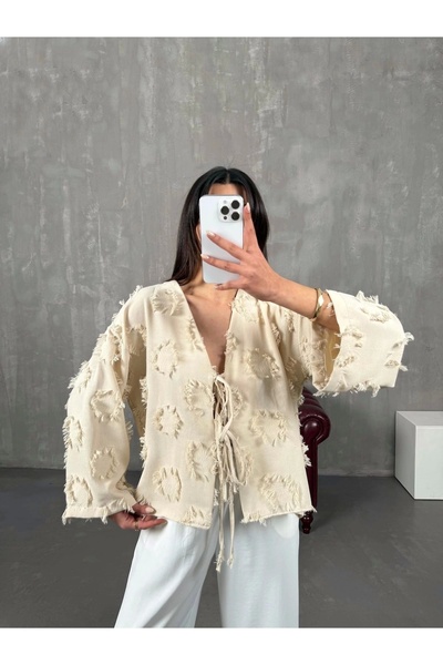 URİS Cămașă de in premium de vară de sezon, cu detaliu cu ciucuri, bej