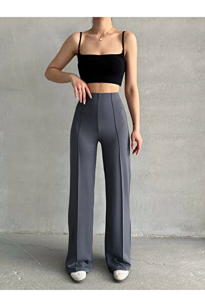 URİS Women's Anthracite Ribbed Detailed Modal Fabric Stylish High Waist Trousers