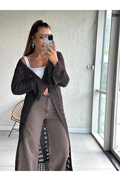 URİS سترة نسائية طويلة متماسكة ذات أكمام إسبانية مخرمة ومزودة بأزرار باللون ا...