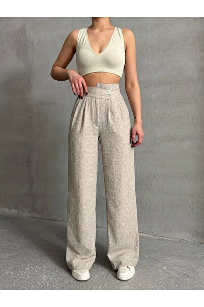 URİS Kadın Bej Şık Tasarım Çift Düğme Detaylı Pileli Palazzo Keten Patolon