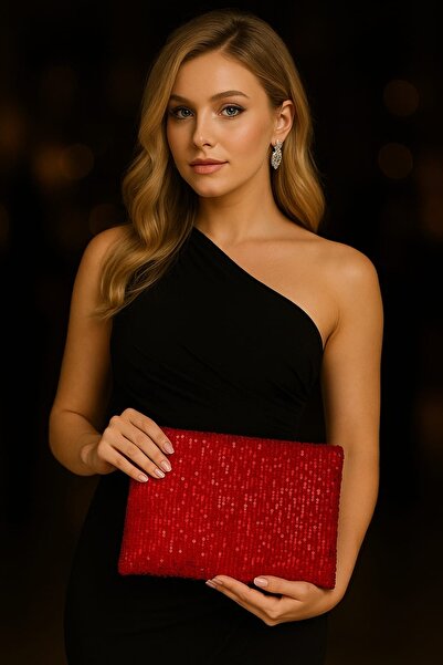 MER HOME Kırmızı Pullu Payetli El, Makyaj, Gece Çantası, Abiye Çanta