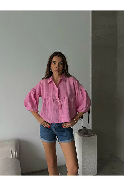 URİS Γυναικείο ροζ κοντό μπαλόνι μουσελίνα υφασμάτινο πουκάμισο Premium