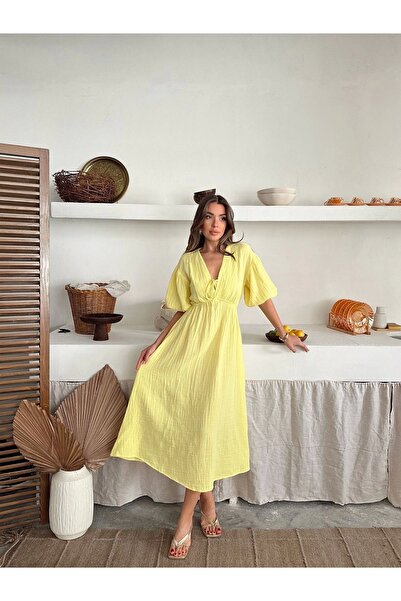 URİS Women's V-Neck Yellow Muslin Fabric Short Sleeve Dress