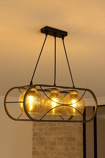 Avize 3 LÜ SİYAH PROFİL KASA BAL CAMLI SALON MUTFAK ODA 3 LÜ Sarkıt Avize.