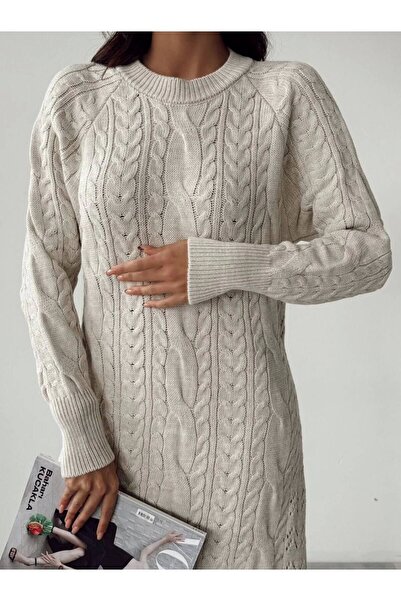 Lusin Women's Hair Knit Embroidered Crew Neck Long Sleeve Knitwear Dress - Stone Color