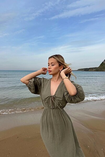 URİS Ženska haljina kratkih rukava od kaki muslina od tkanine sa v-izrezom