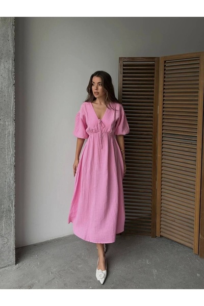 URİS Women's V-Neck Pink Muslin Fabric Short Sleeve Dress
