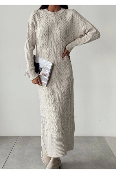 Lusin Women's Hair Knit Embroidered Crew Neck Long Sleeve Knitwear Dress - Stone Color