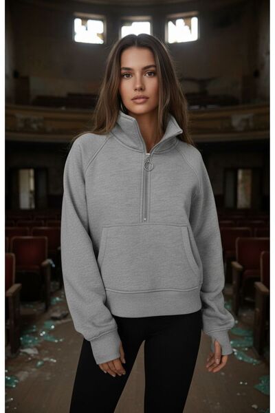 moda paketi Stand Collar Zippered 3-Thread Ribbed Sweatshirt