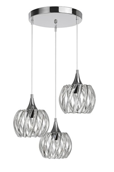 Avize Kristal 3 Lü Yuvarlak Gümüş Modern Sarkıt Mutfak Oturma Odası Salon Sarkıt Avize.
