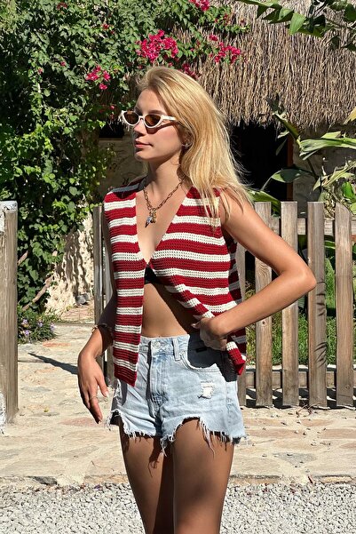 CHUBA Women's Striped Front Closure V-Neck Sleeveless Knitwear Vest Vanilla-Red 25S3023