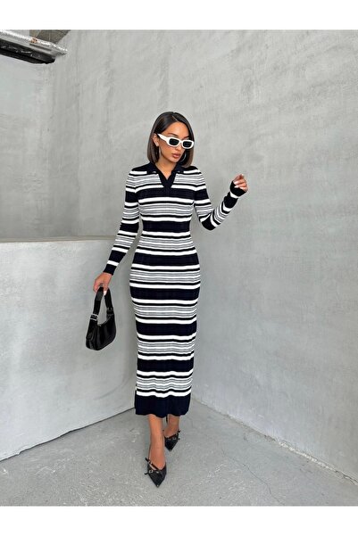 URİS Γυναικείο πλεκτό φόρεμα με μακρυμάνικο ριγέ γιακά πόλο σε μπλε ναυτικό