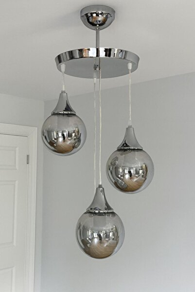 Avize Kristal 3 Lü Yuvarlak Gümüş Modern Sarkıt Mutfak Oturma Odası Salon Sar...