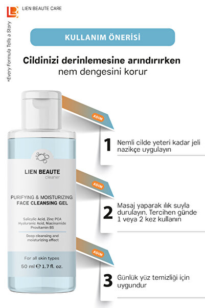 Lien Beaute Seyahat Boy Arındıcı ve Nem Dengeleyici Yüz Yıkama Jeli Hyalüronik Asit Niasinamide Salisilik Asit Biberiye