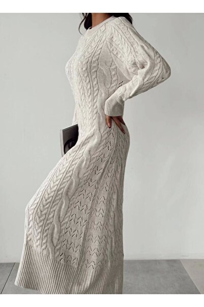 Lusin Women's Hair Knit Embroidered Crew Neck Long Sleeve Knitwear Dress - Stone Color