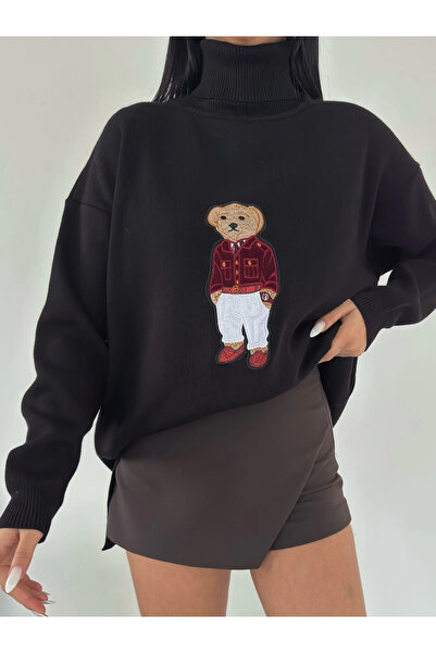 Lusin Pulover de damă negru oversize Teddy Bear oversize cu gât tricotat