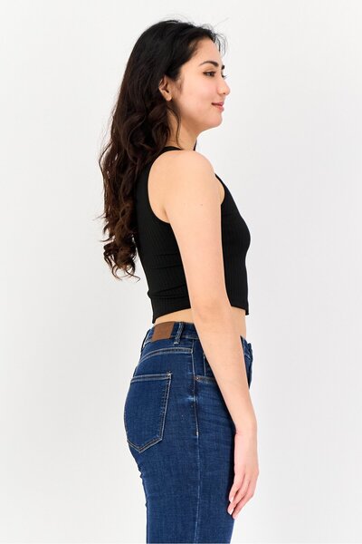 Don't Call Me Jennyfer Women Round Neck Sleeveless Textured Crop Top, Black