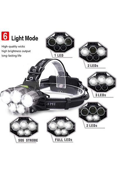 erorex 20000 High Lumen 5 LED Aluminum Headlamp IPX5 Waterproof Headlight Rechargeable Light USB Cable 6